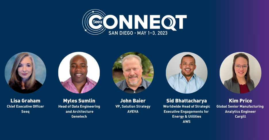 Illustration showcasing the photos, name, job title and company of 5 presenters at Conneqt 2023.
