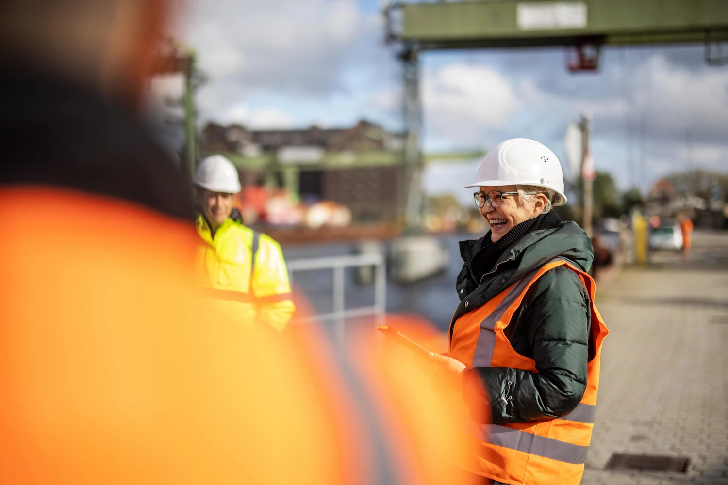 Industrial scenery, workers smiling